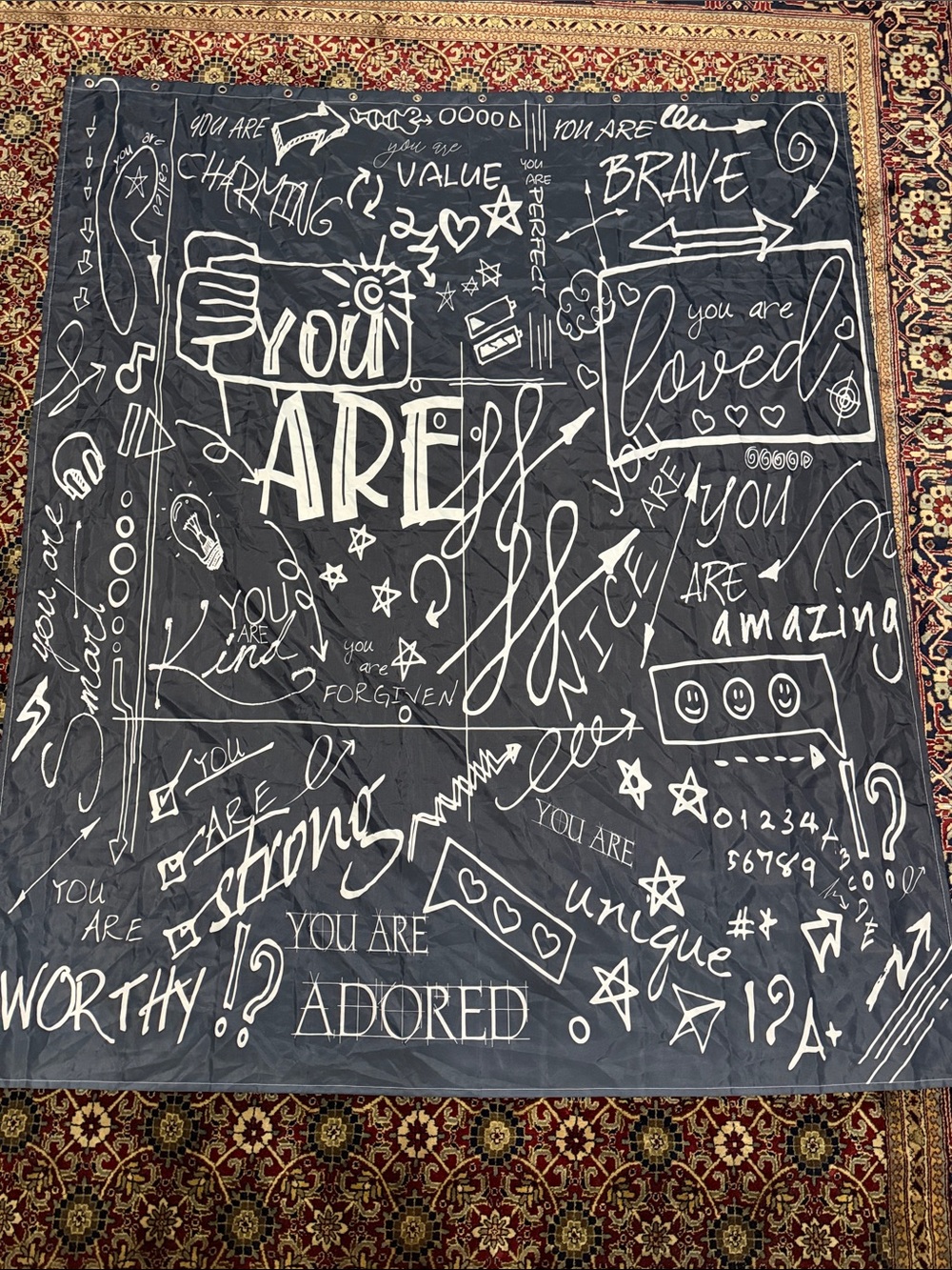 Black Inspirational Shower Curtain – You Are Loved Design